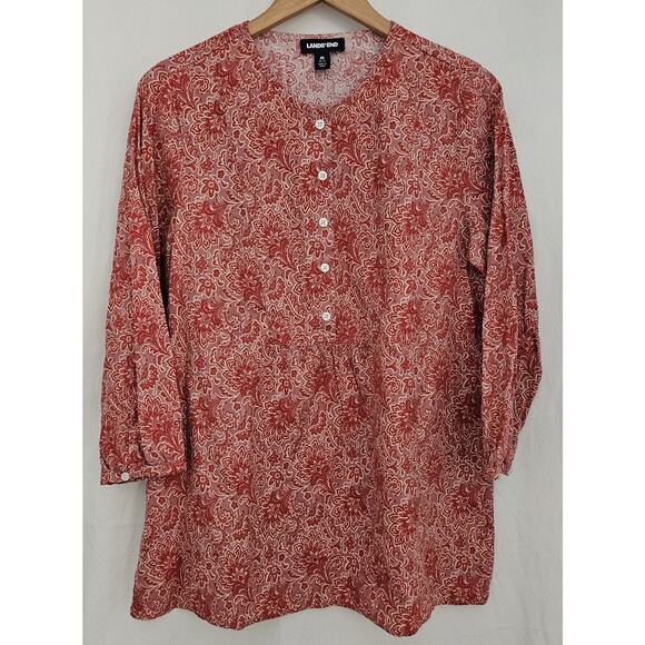 Lands' End Tops - Lands' End Tunic Womens Sz Medium 3/4 Slv Brushed Twill Red Pink Paisley 511833
